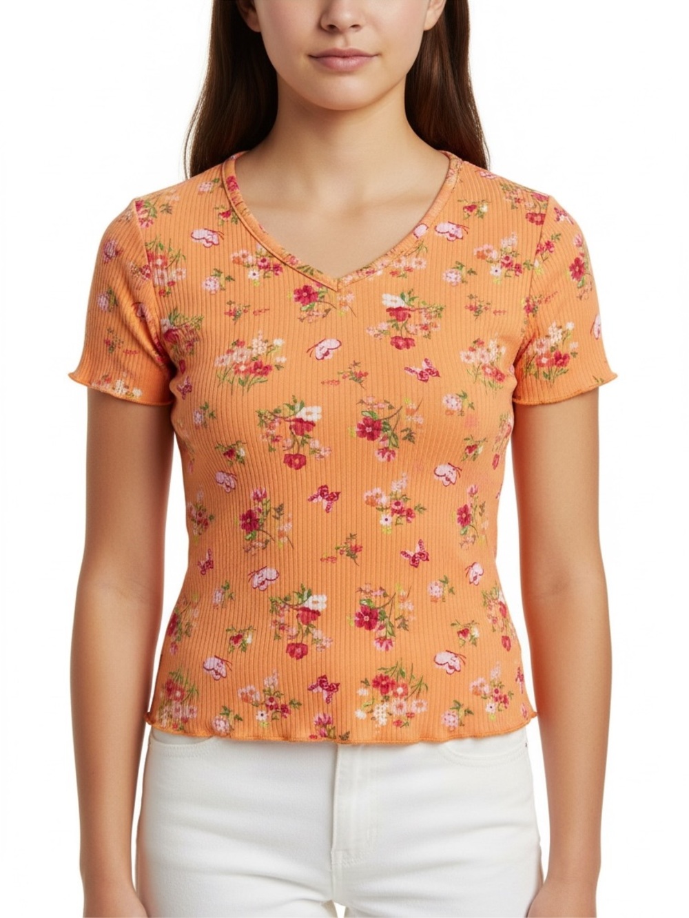 BTween Size 10 Girl’s Floral Ribbed V-Neck Tee - Orange